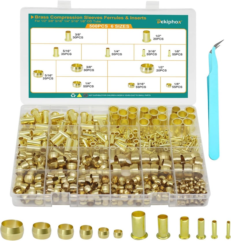 Dekiphox 500PCS Brass Compression Sleeves Ferrules Inserts Kit 1/2" 3/8" 5/16" 1/4" 3/16" 1/8" Tube OD, 6 Sizes Air line Fittings Assortment Kit for Air Water Fuel Oil and Inert Gases Line - Image 1